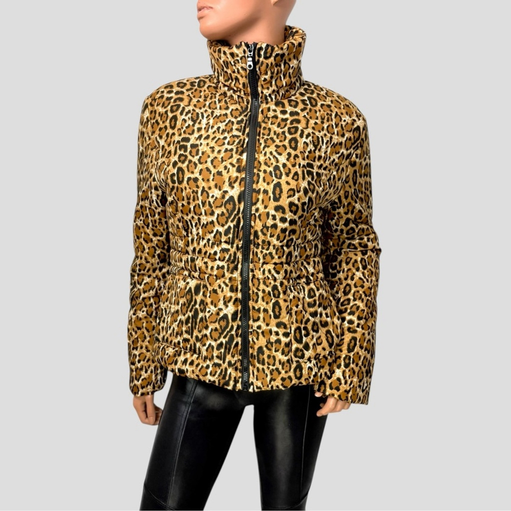 Y2K Leopard Cropped Puffer Jacket S Indie Sleaze Mobwife Apres Ski - Picture 3 of 11